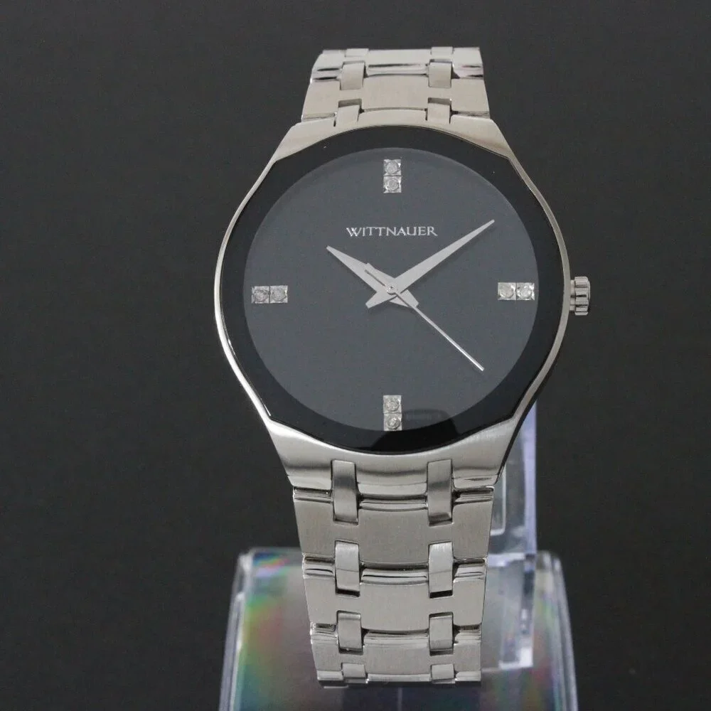 Wittnauer Ladies Dress Watch 8 Diamonds On Black Sun-ray Dial 36mm